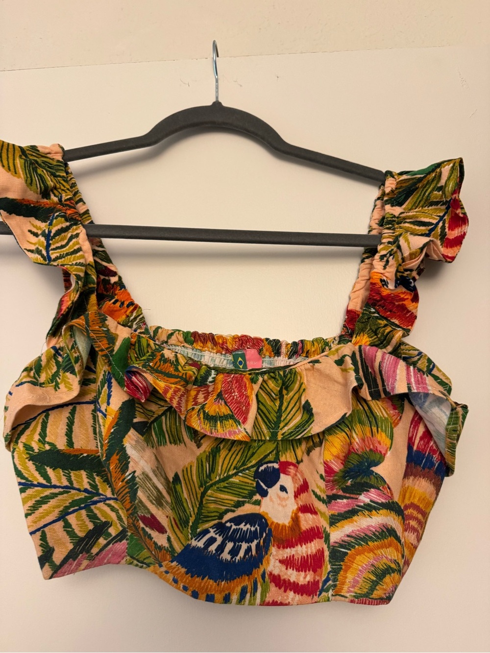 FARM Rio Multicolor Parrot & Palm Ruffle Crop Top